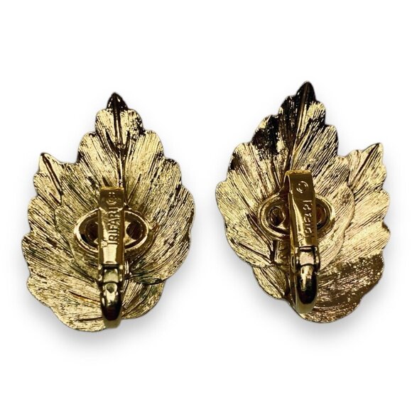 Vintage 50's-60's Crown Trifari Double Leaf Gold Tone Clip On Earrings - Picture 4 of 5